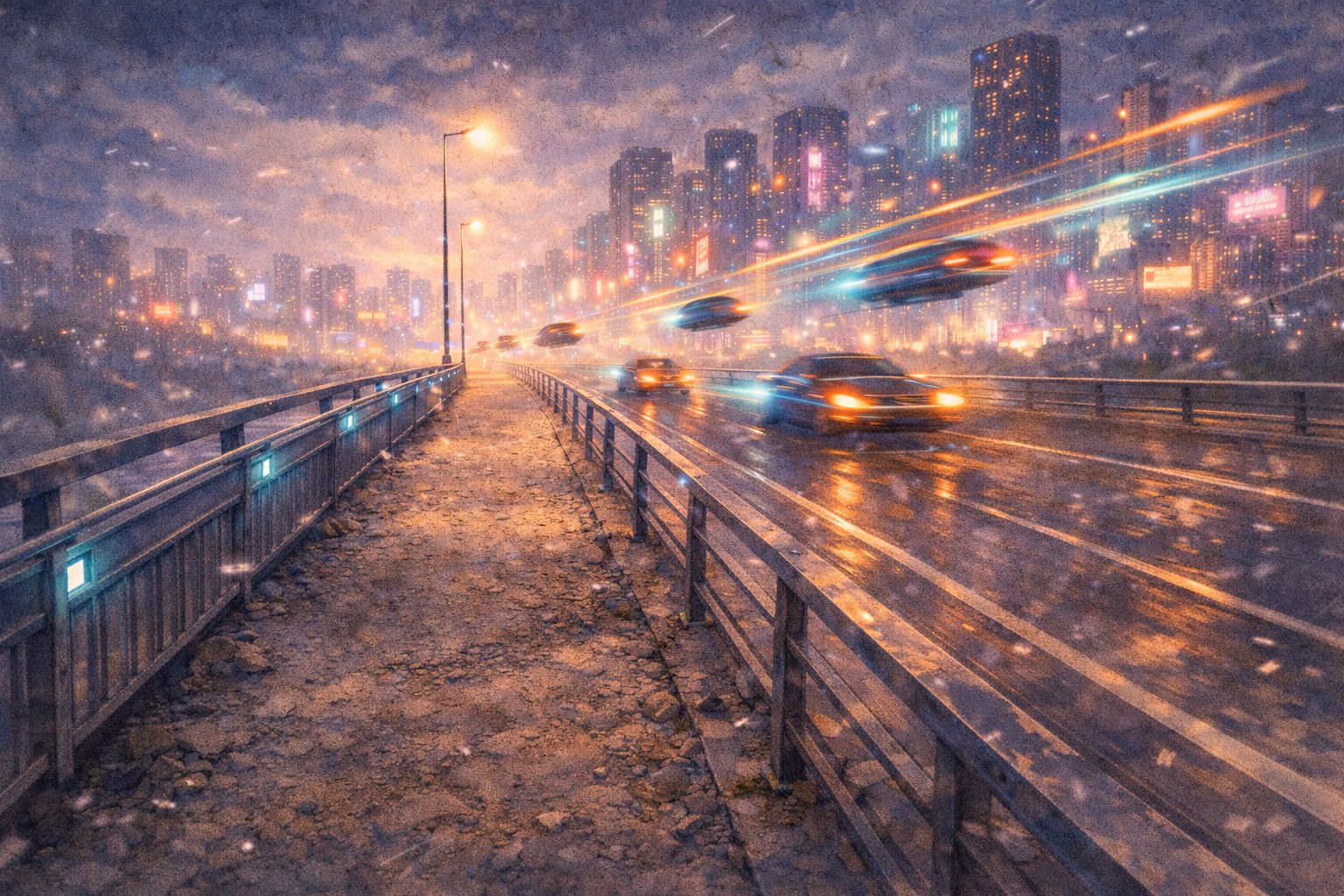 雪の降る未来都市の高架通路