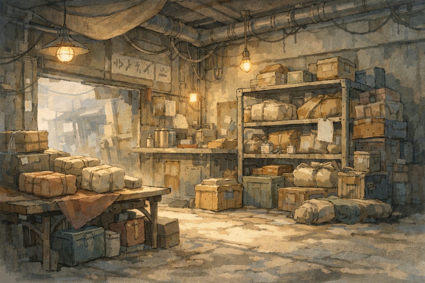 道具と荷物が並ぶ作業場